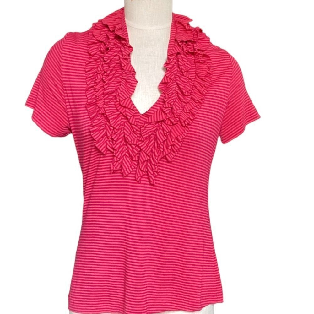 Soft Surroundings Striped Top Ruffle‎ Blouse Sz M Pink 144H